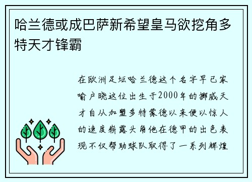 哈兰德或成巴萨新希望皇马欲挖角多特天才锋霸