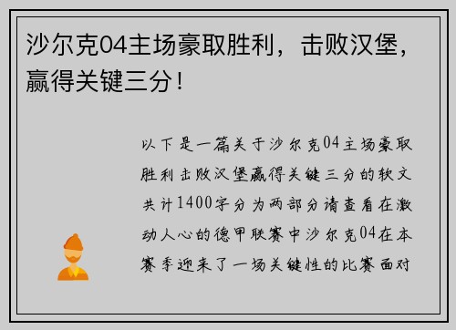 沙尔克04主场豪取胜利，击败汉堡，赢得关键三分！